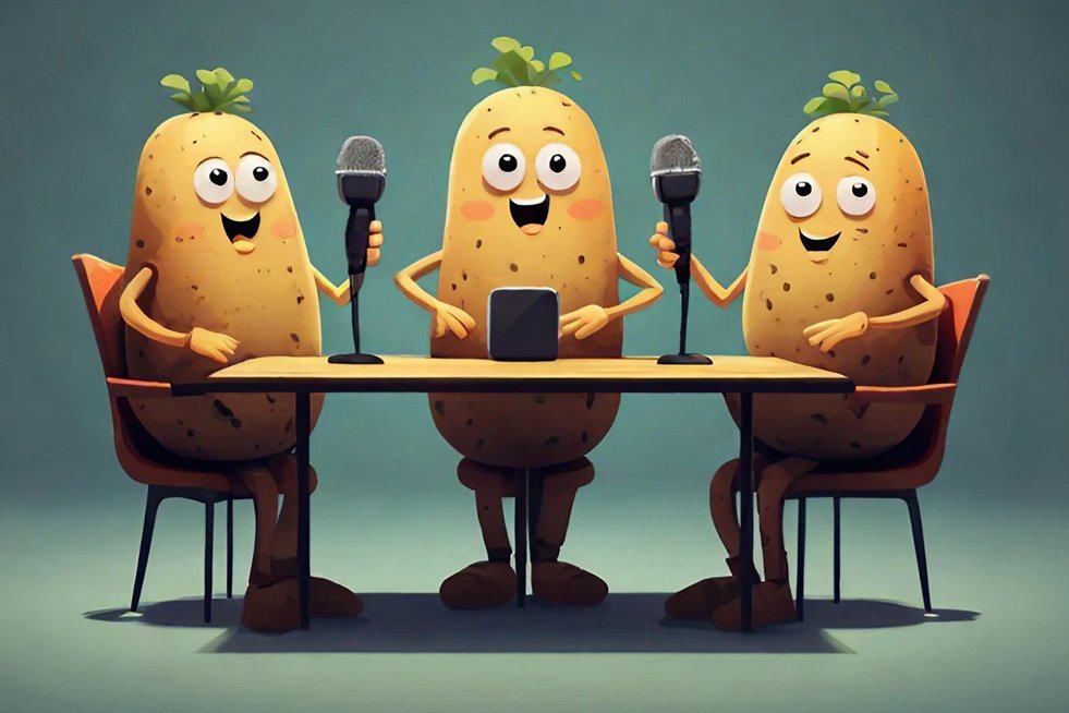 Grafik: Drei Kartoffeln mit Gesicht sitzen an einem Tisch
