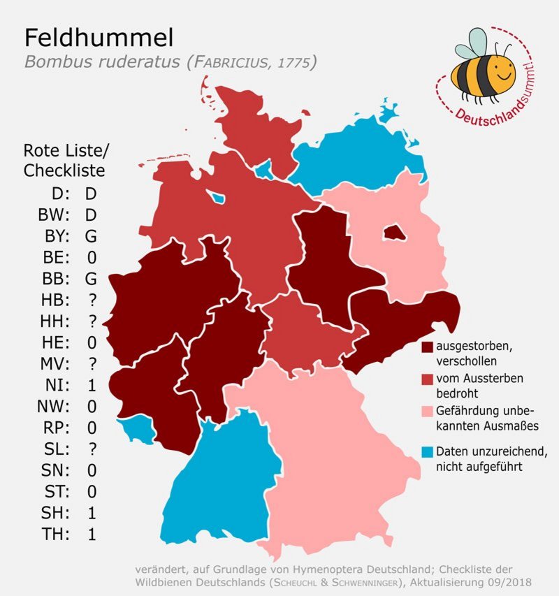 Verbreitungskarte für die Feldhummel in Deutschland. Klick führt zu Großansicht in neuem Fenster.