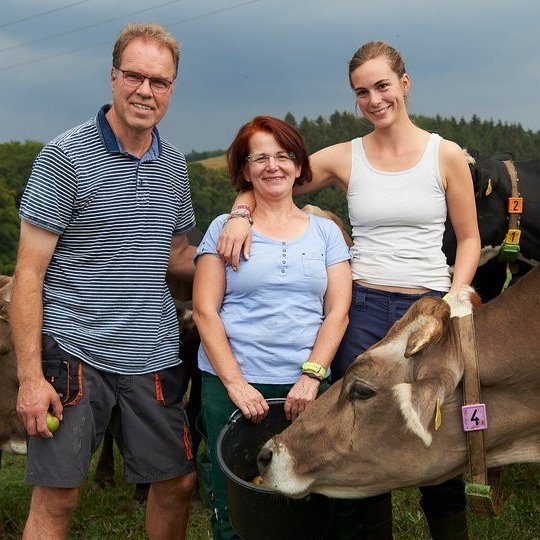Drei Menschen stehen zwischen Kühen und lächeln in die Kamera.
