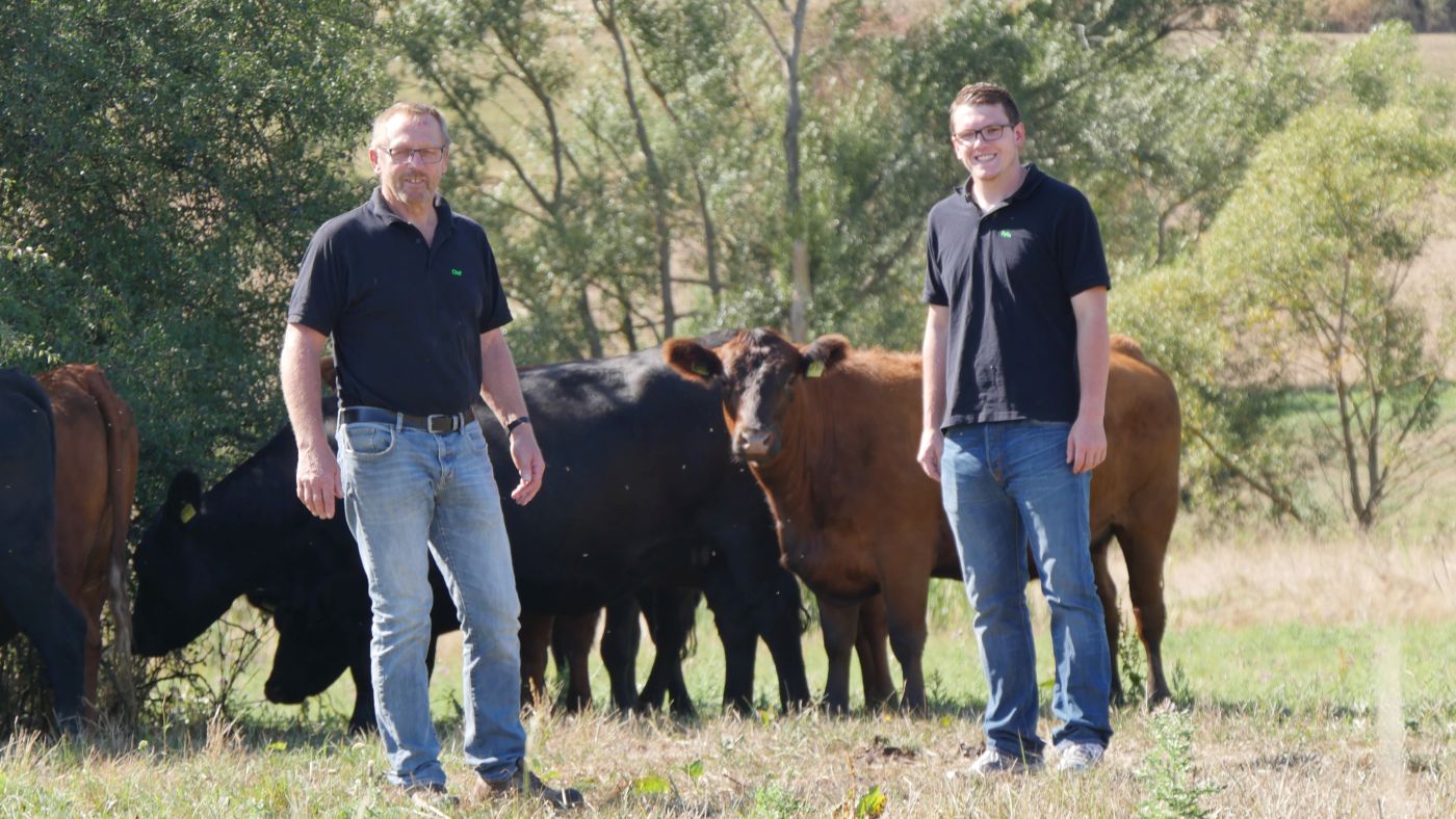 Senior und Junior Hofleiter vor Rinderherde